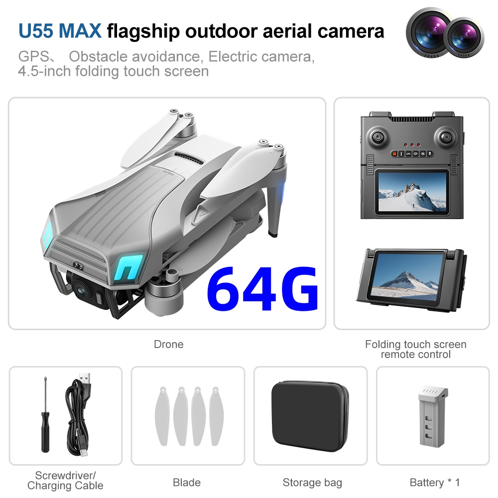 Drone Gimbal 2 Axis - NCZOBOE U55 Profesyonel GPS Drone, Kamera,